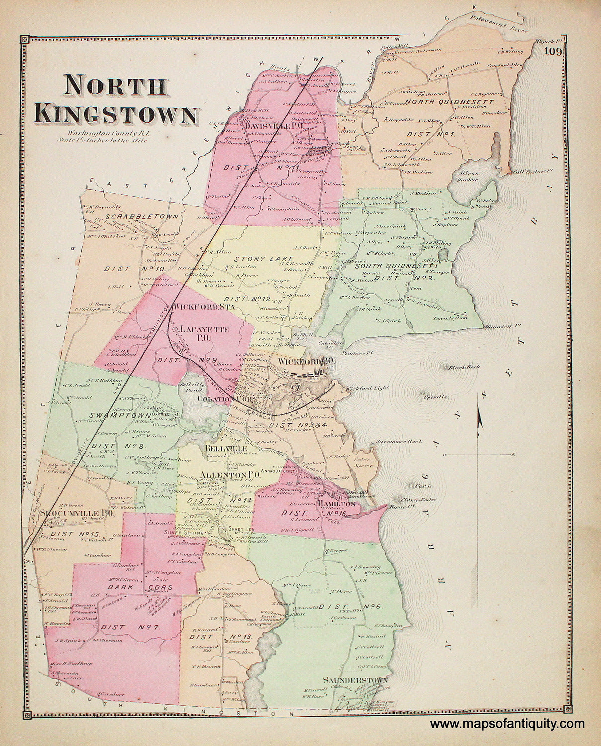 Antique-Hand-Colored-Map-North-Kingstown-Rhode-Island-Rhode-Island--1870-Beers-Maps-Of-Antiquity