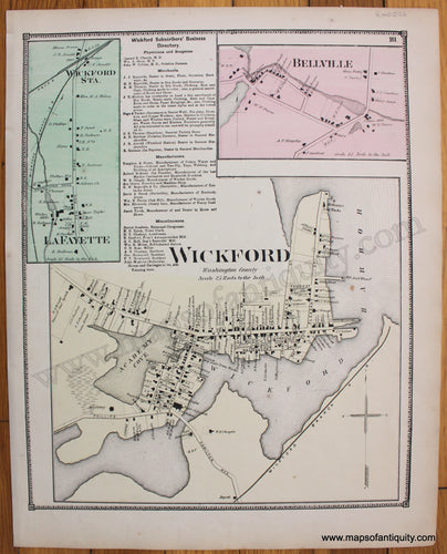 Antique-Hand-Colored-Map-Wickford-LaFayette-Bellville-Rhode-Island--Rhode-Island--1870-Beers-Maps-Of-Antiquity