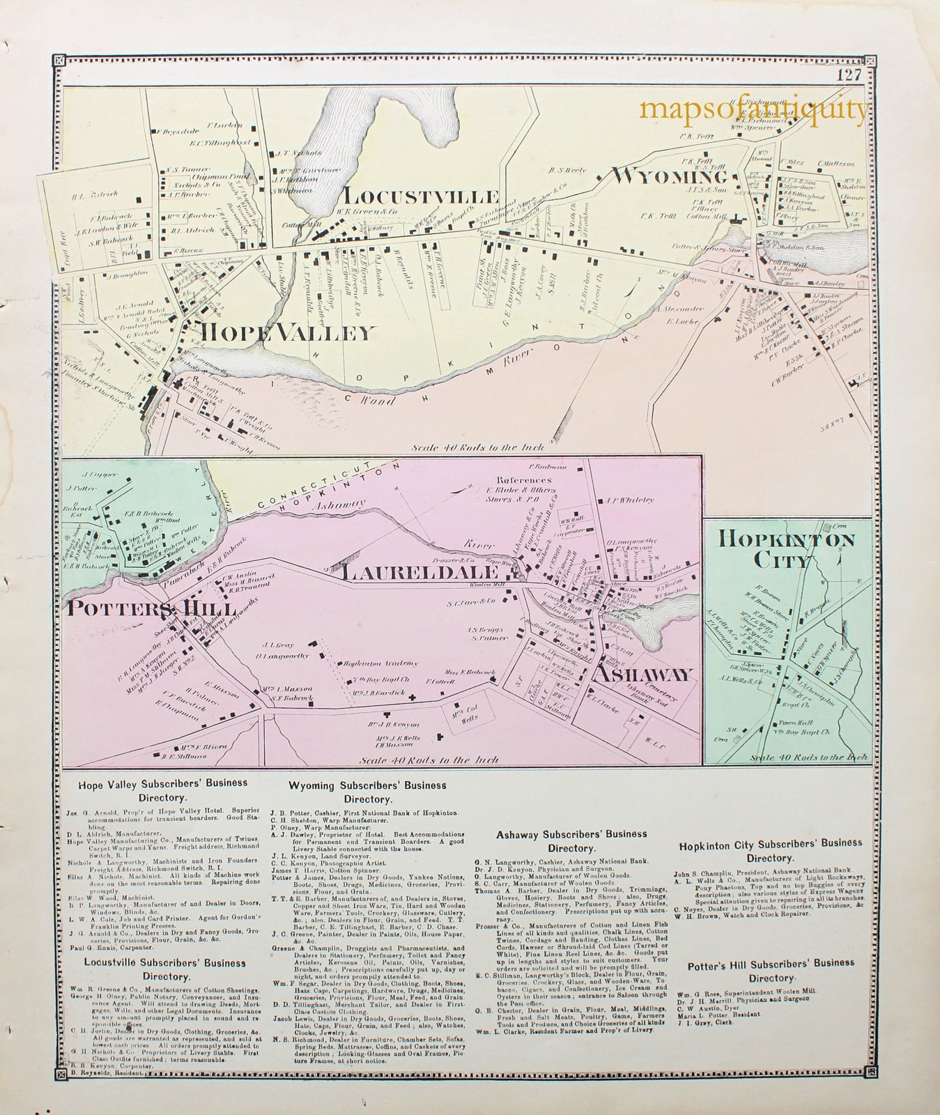 Antique-Hand-Colored-Map-Hope-Valley-Locustville-Wyoming-Potters-Hill-Laureldale-Ashaway-Hopkinton-City-Rhode-Island--1870-Beers-Maps-Of-Antiquity