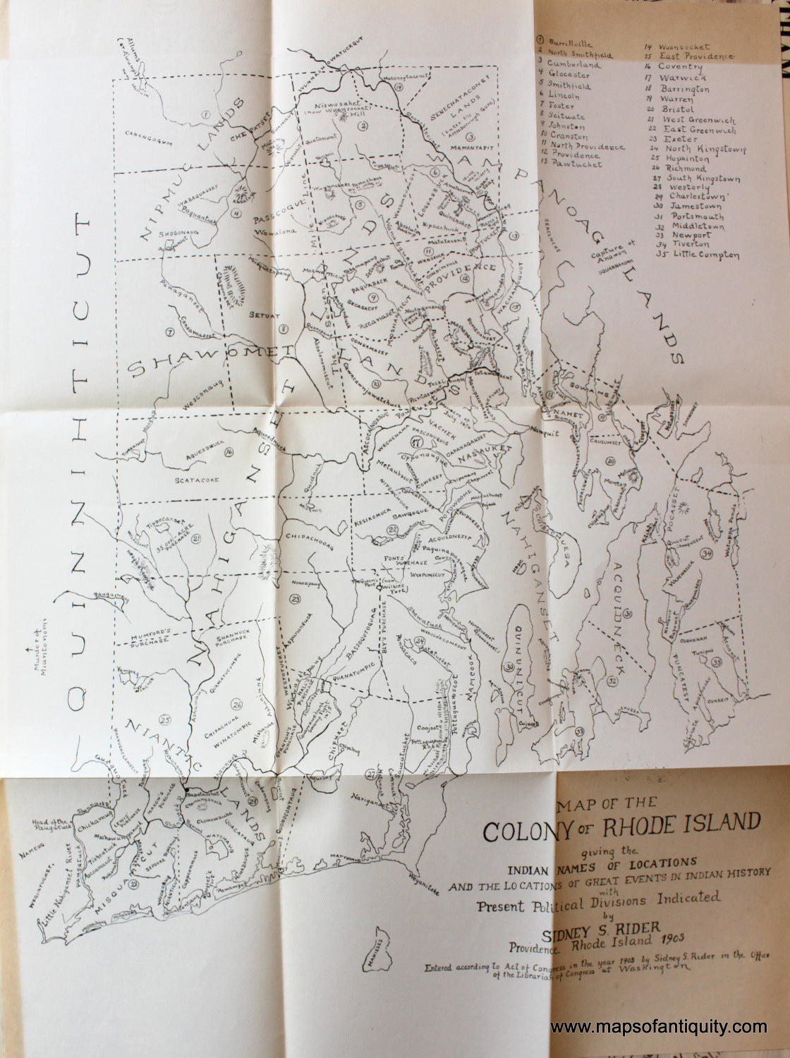 Black-and-White-Antique-Folding-Map-with-Paper-Cover--Map-of-the-Colony-of-Rhode-Island-giving-the-Indian-Names-of-Locations-and-the-Locations-of-Great-Events-in-Indian-History.--Rhode-Island-Folding-Maps-1903-Sidney-Rider-Maps-Of-Antiquity