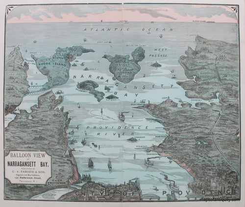 Antique-Folding-Map-in-Booklet-Cover-Balloon-View-of-Narragansett-Bay.-**********-Bird's-Eye-View-Folding-c.-1890-Pabodie-Maps-Of-Antiquity