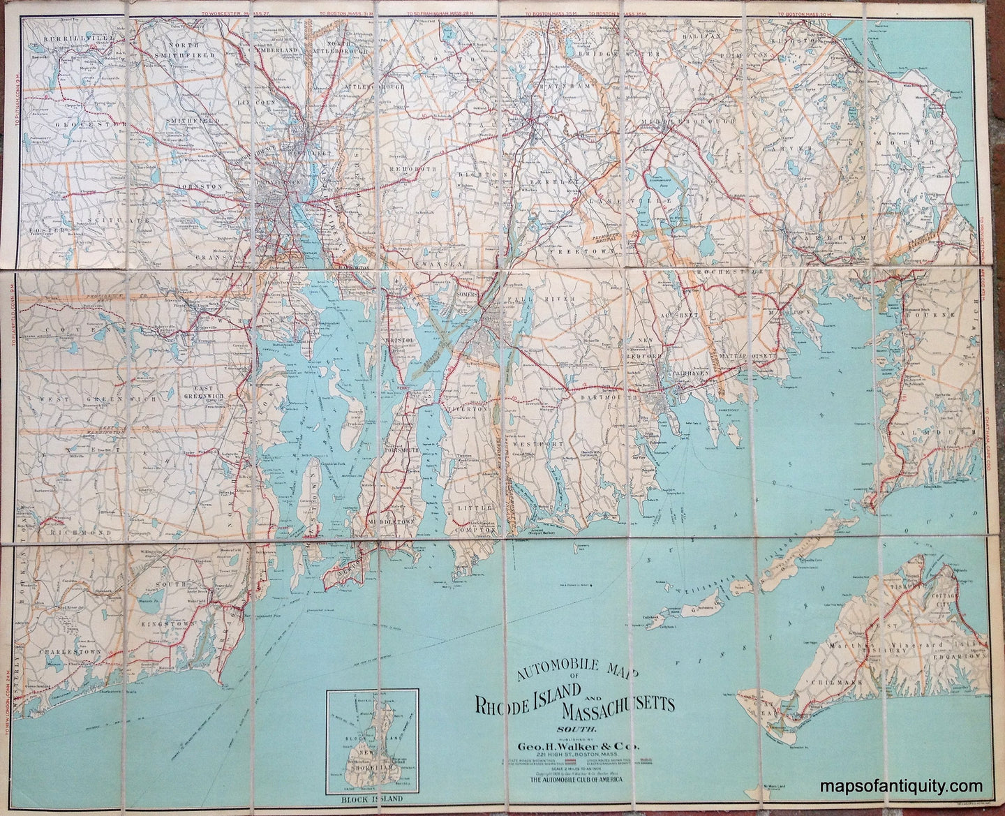 Antique-Road-Map-Automobile-Map-of-Rhode-Island-and-Massachusetts-South-Rhode-Island-Road-Maps-1906-Walker-Maps-Of-Antiquity