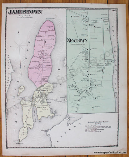 Antique-Hand-Colored-Map-Jamestown-Newtown-Rhode-Island--1870-Beers-Maps-Of-Antiquity