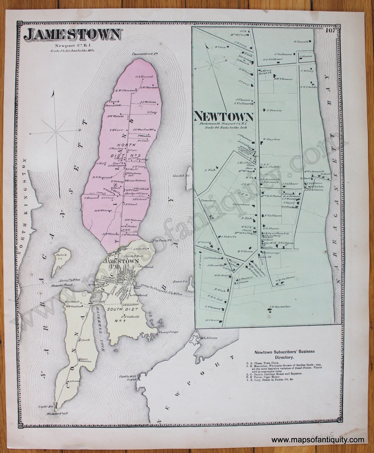 Antique-Hand-Colored-Map-Jamestown-Newtown-Rhode-Island--1870-Beers-Maps-Of-Antiquity