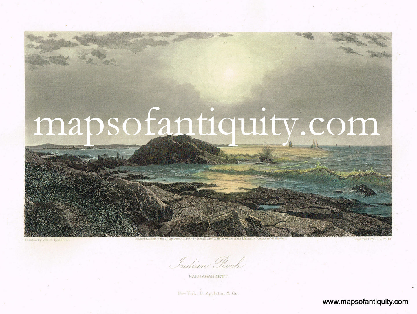 Antique-Engraving-Illustration-Picturesque-America-1872-United-States-Narragansett-Indian-Rock