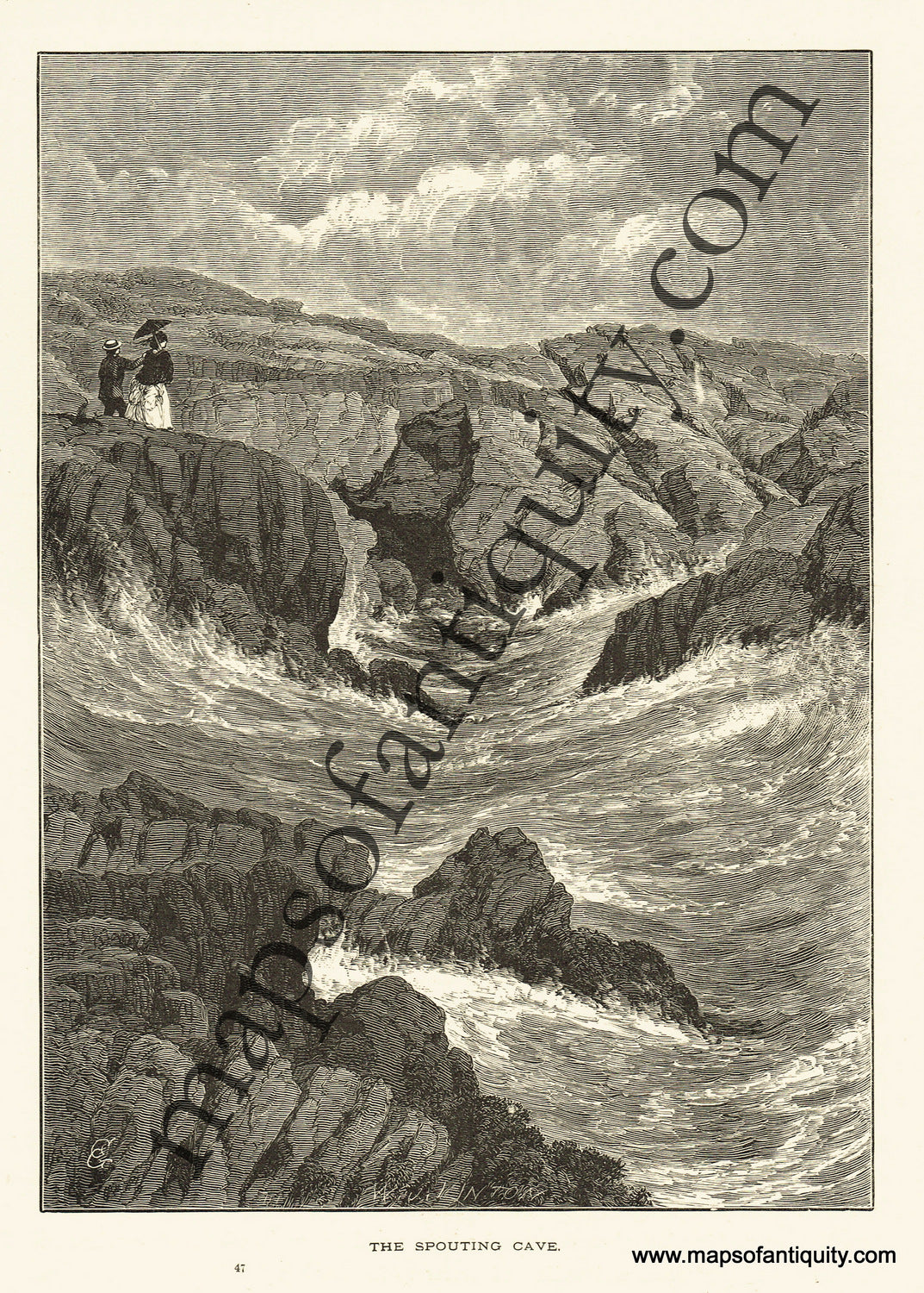 Antique-Black-and-White-Engraved-Illustration-The-Spouting-Cave-United-States-Northeast-1872-Picturesque-America-Maps-Of-Antiquity