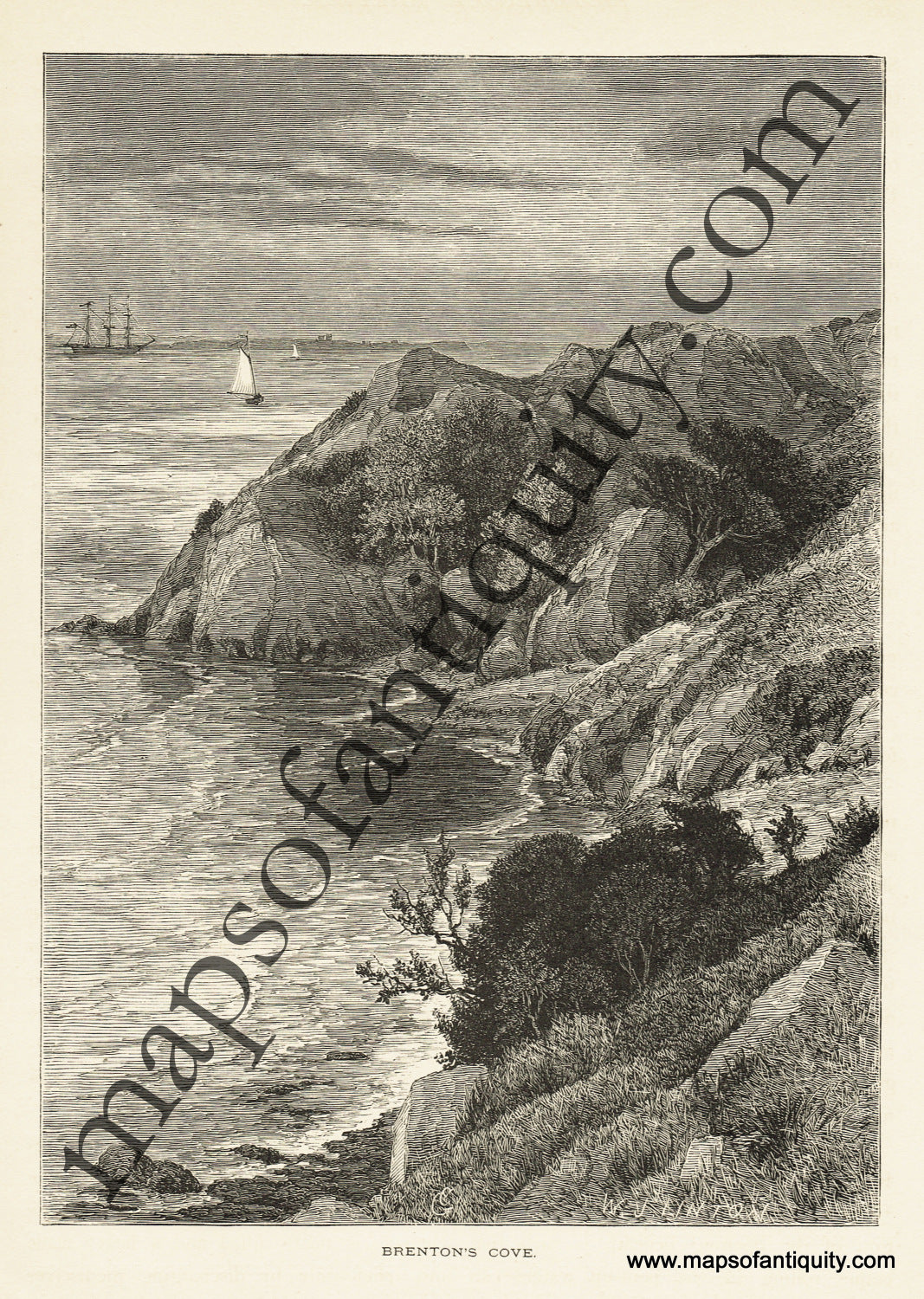 Antique-Black-and-White-Engraved-Illustration-Brenton's-Cove-United-States-Northeast-1872-Picturesque-America-Maps-Of-Antiquity