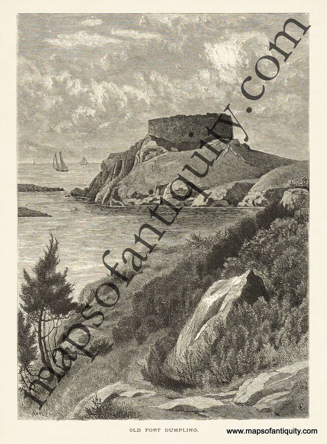 Antique-Engraving-Illustration-Picturesque-America-1872-United-States-Old-Fort-Dumpling-Fort-Wetherill-Jamestown-Rhode-Island-Narragansett-Bay