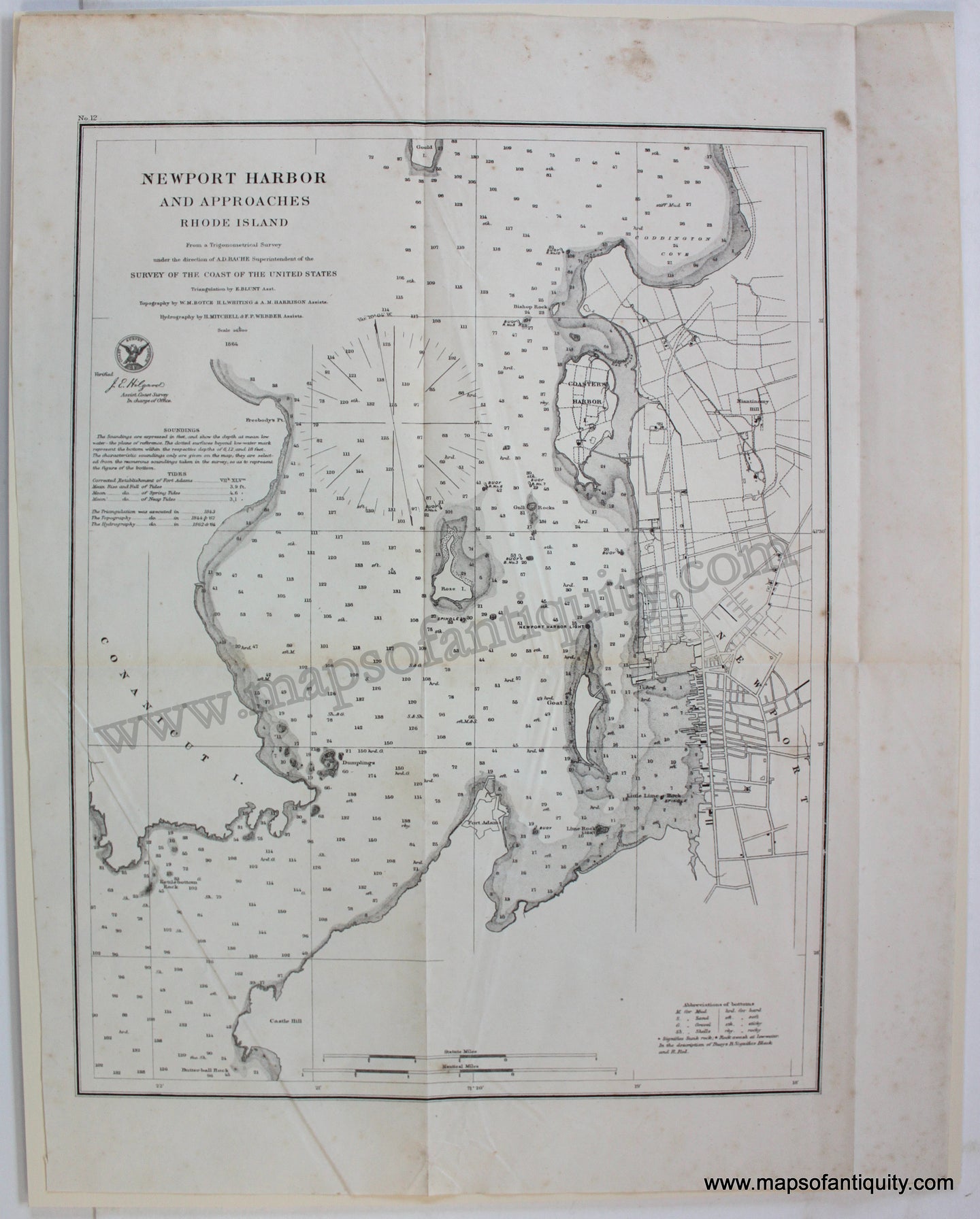 Antique-Black-and-White-Coastal-Chart-Newport-Harbor-and-Approaches-Rhode-Island-1864-U.S.-Coast-&-Geodetic-Survey-Northeast-Rhode-Island-1800s-19th-century-Maps-of-Antiquity
