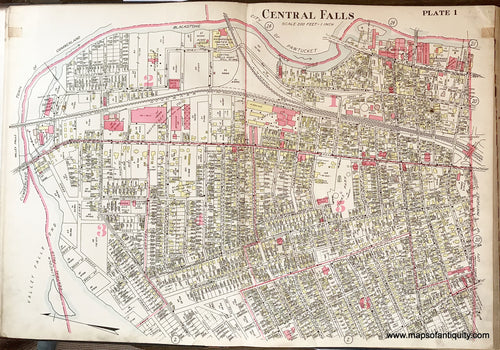 Antique-Hand-Colored-Map-Central-Falls-Plate-1-1917-Richards-Rhode-Island-1900s-20th-century-Maps-of-Antiquity