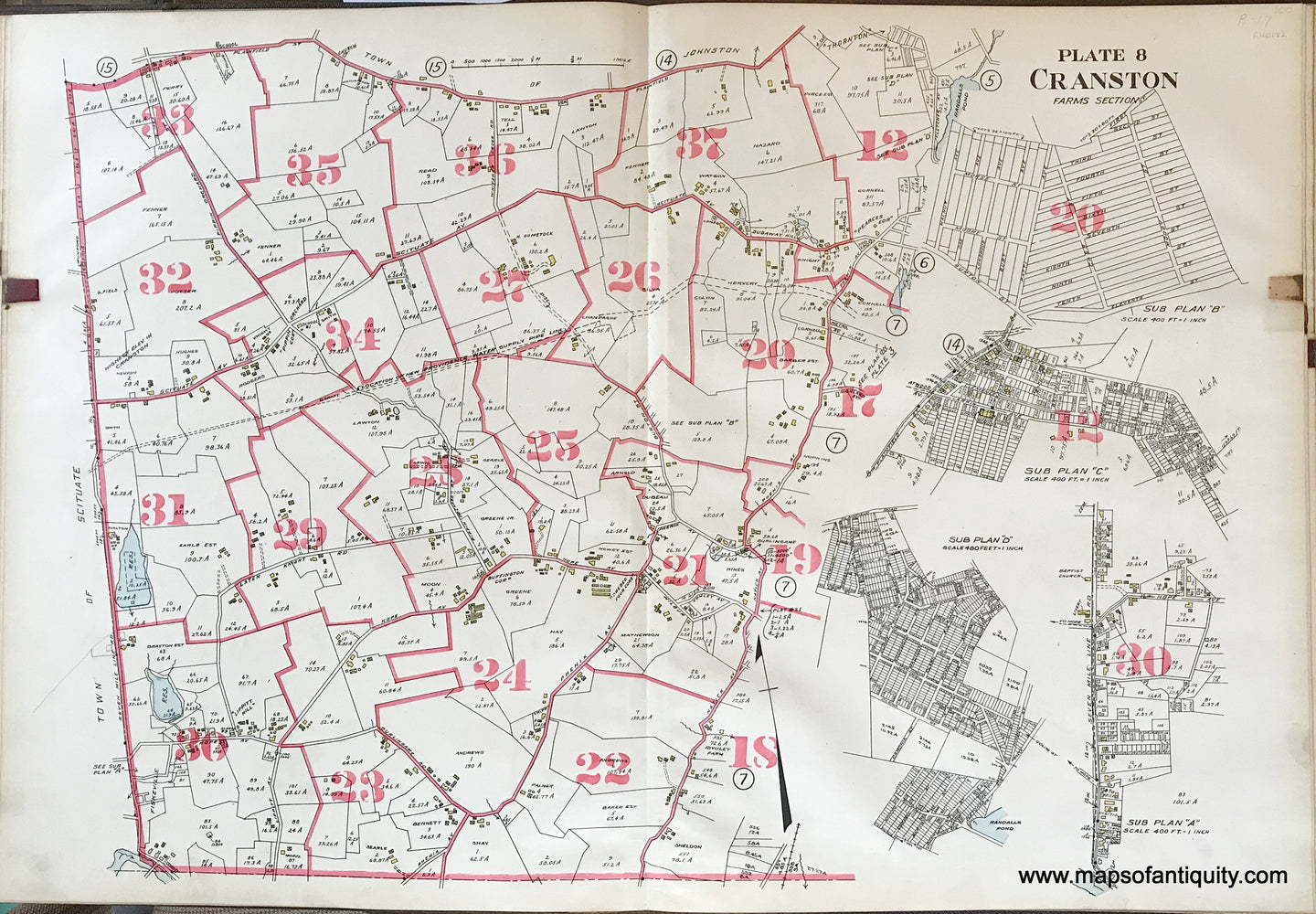 Antique-Hand-Colored-Map-Cranston-Farms-Section-plate-8-1917-Richards-Rhode-Island-1900s-20th-century-Maps-of-Antiquity