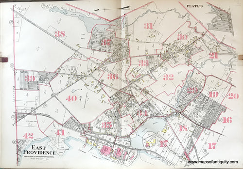 Antique-Hand-Colored-Map-East-Providence-Phillipsdale-and-Rumford-Sections-plate-9-1917-Richards-Rhode-Island-1900s-20th-century-Maps-of-Antiquity