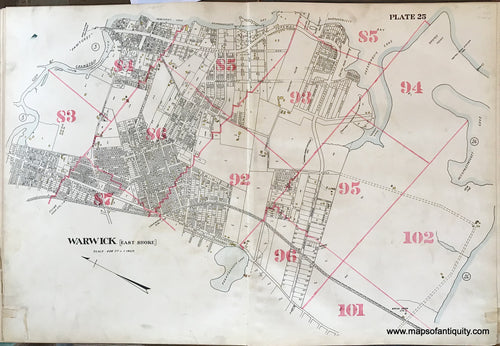 Antique-Hand-Colored-Map-Warwick-(East-Shore)-plate-25-1917-Richards-Rhode-Island-1900s-20th-century-Maps-of-Antiquity
