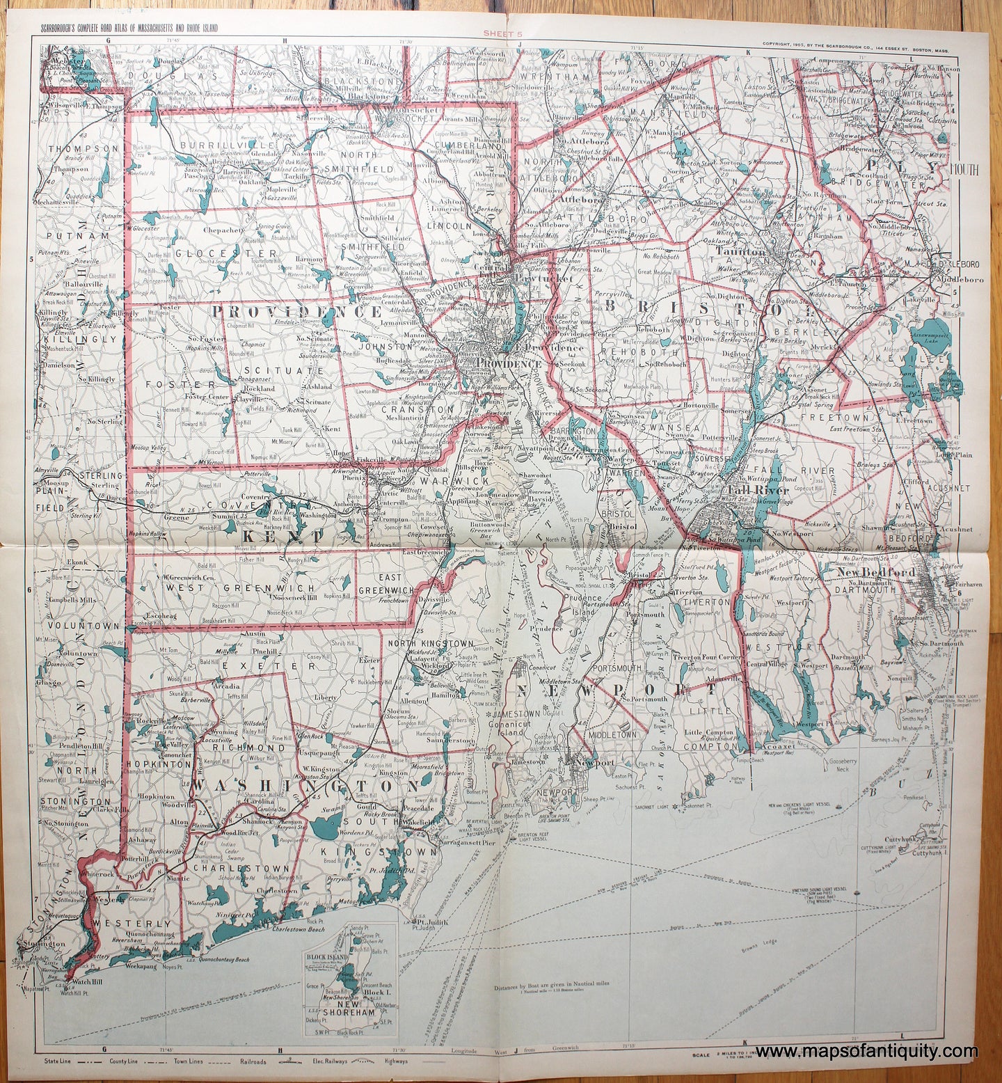 1905 - Untitled- Rhode Island with Bristol County, MA - Antique Map