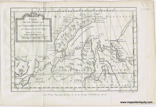 Antique-Map-Carte-des-pais-Habites-par-les-samojedes-et-Ostiacs-Russia-Arctic-Novaya-Zemlya-Siberia-French-Bellin-1760-1760s-1700s-Mid-18th-Century-Maps-of-Antiquity