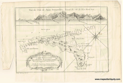 Antique-Map-Carte-Particuliere-de-L'Isle-de-Juan-Fernandez-Map-and-View-of-the-Juan-Fernandez-Islands.-Pour-servir-a-l'Histoire-Generale-des-Voyages.-Bellin-1755-1700s