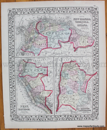 Antique-Map-New-Granada-Venezuela-Guiana-Peru-Ecuador-Argentine-Confederation-South-America-Mitchell-1860-Maps-of-Antiquity