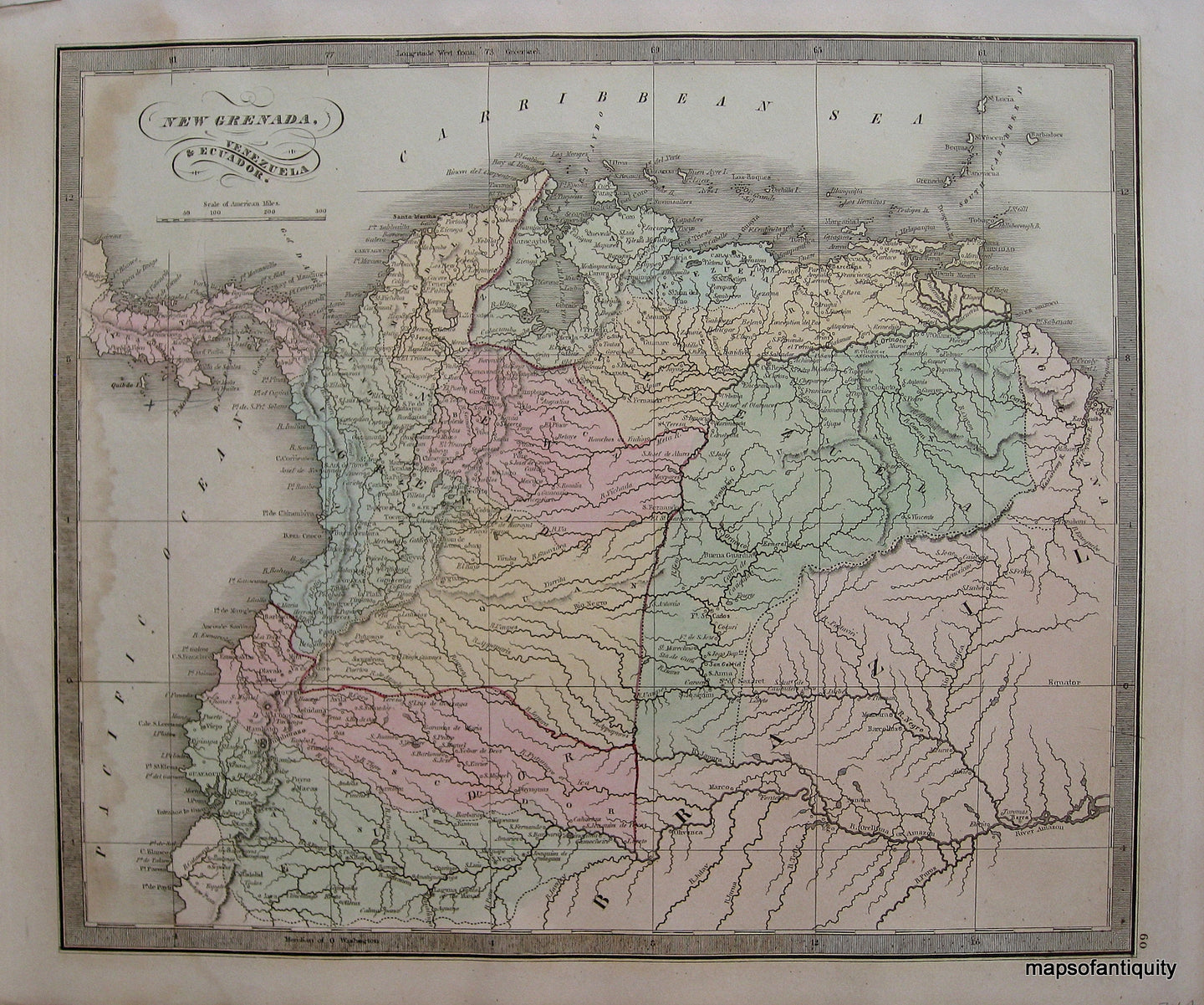 Antique-Hand-Colored-Map-New-Grenada-Venezuela-&-Ecuador.-**********-South-America-South-America-General-1848-Jeremiah-Greenleaf-Maps-Of-Antiquity