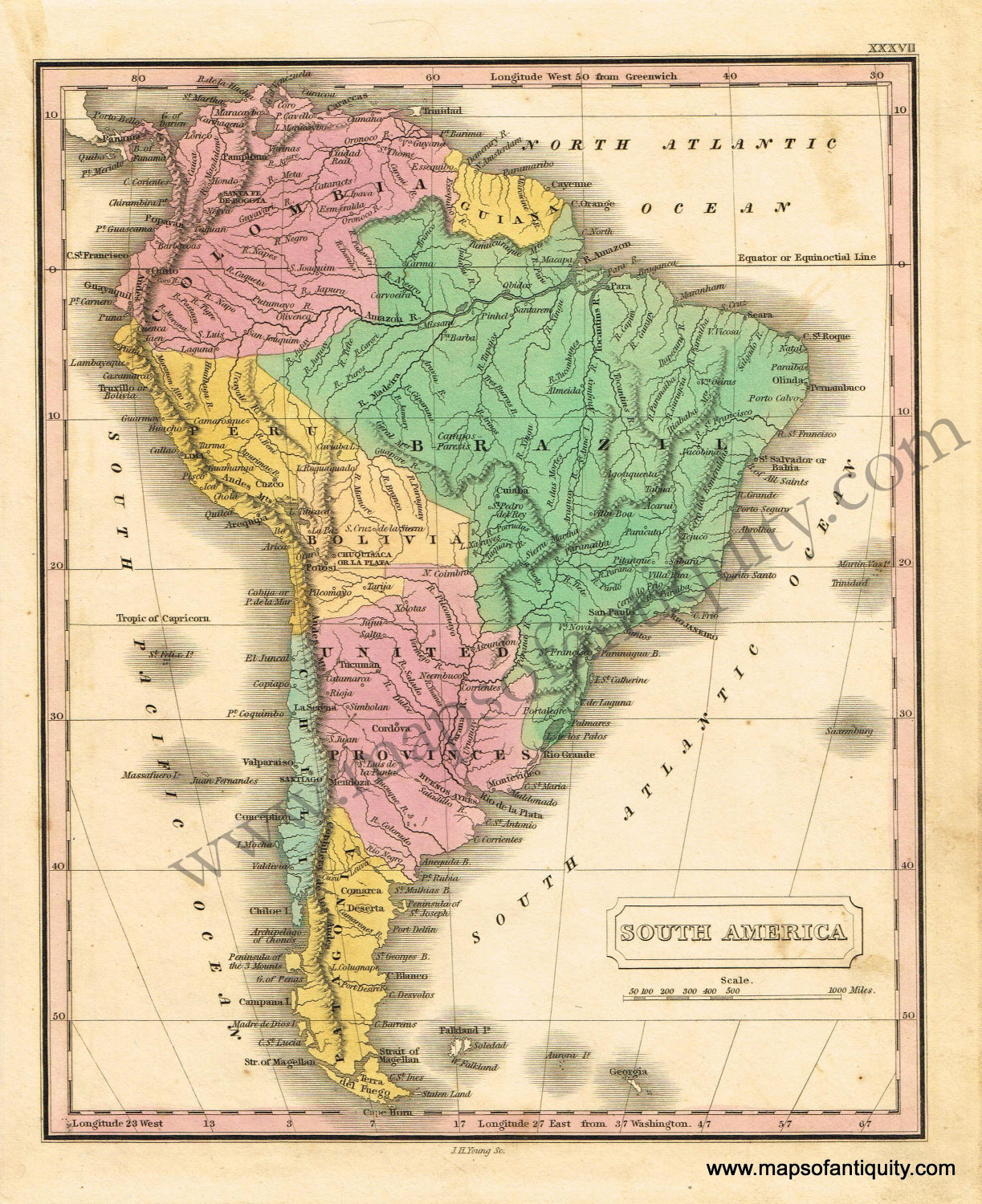 Antique-Hand-Colored-Map-South-America.--South-America-South-America-General-1828-Malte-Brun-Maps-Of-Antiquity