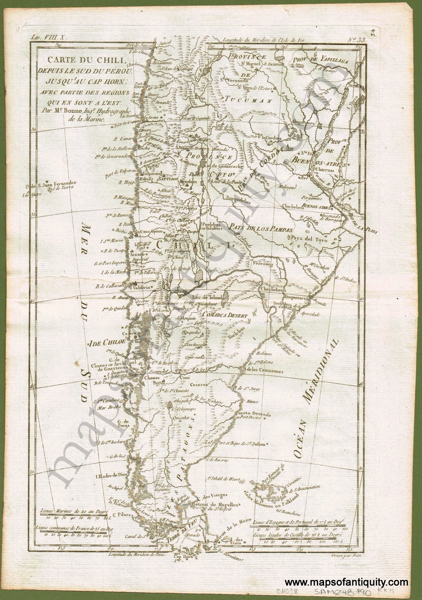 Antique-Uncolored-Map-Le-Chili-depuis-le-Sud-du-Perou-jusqu'au-cap-Horn-etc.-South-America--1780-Raynal-and-Bonne-Maps-Of-Antiquity