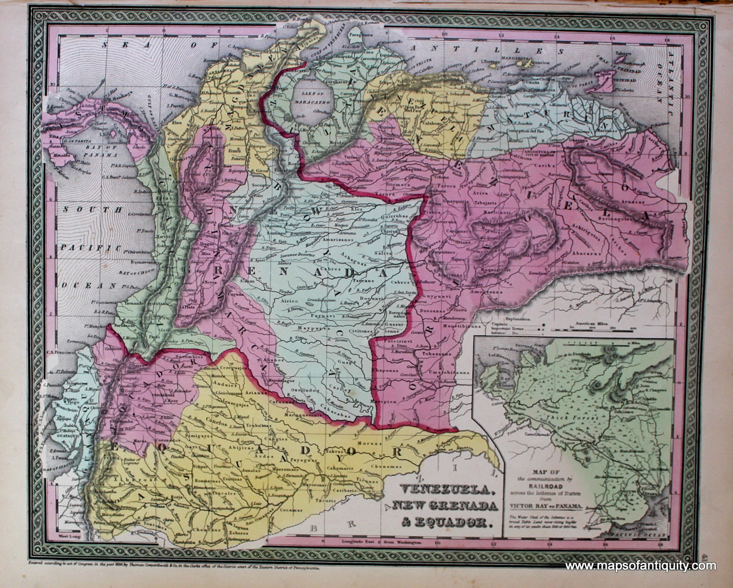 Antique-Hand-Colored-Map-Venezuela-New-Grenada-&-Ecuador.-South-America--1854-Mitchell/Cowperthwait-Desilver-&-Butler-Maps-Of-Antiquity