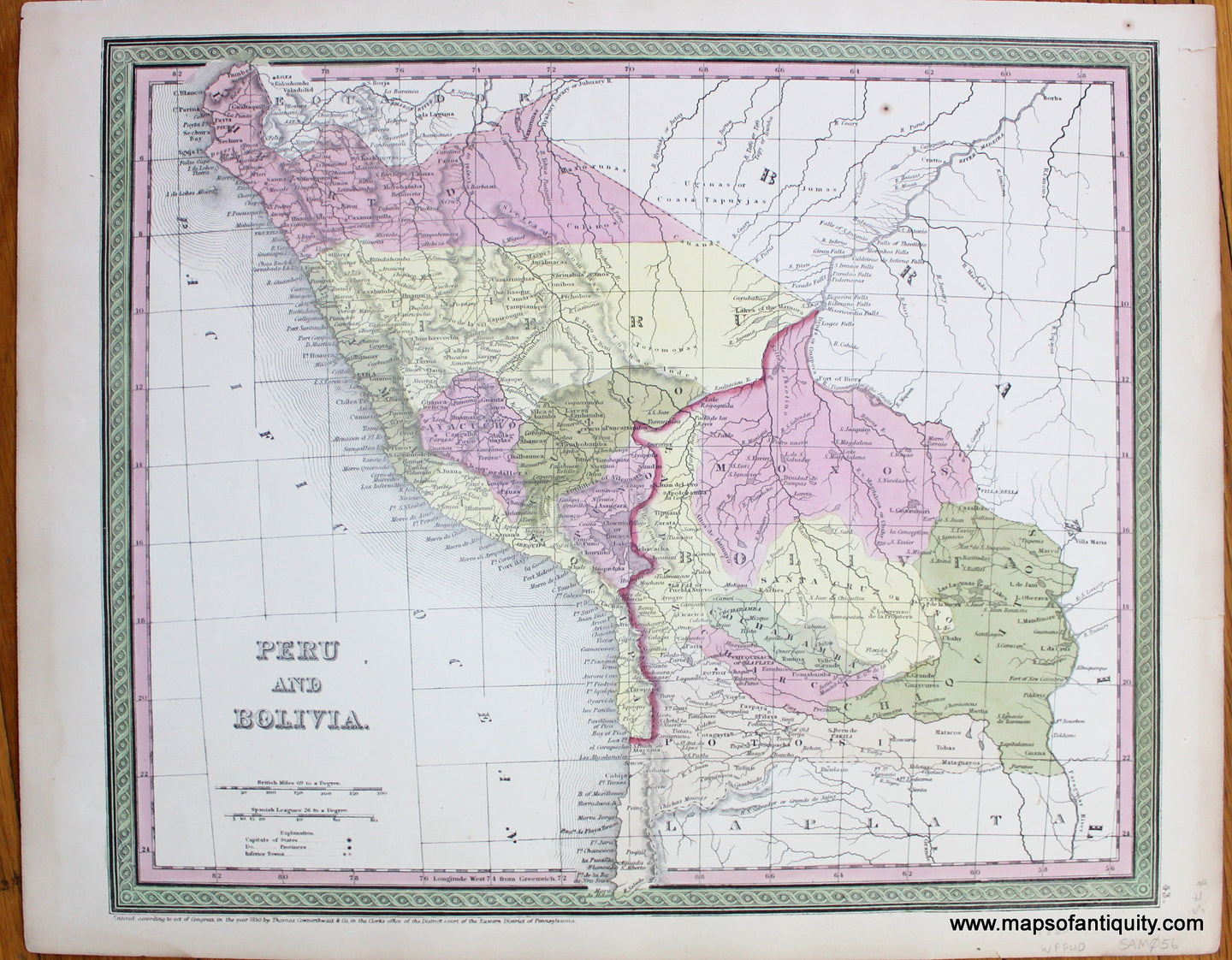 Antique-Hand-Colored-Map-Peru-and-Bolivia.-South-America--1850-Mitchell/Cowperthwait-Desilver-&-Butler-Maps-Of-Antiquity