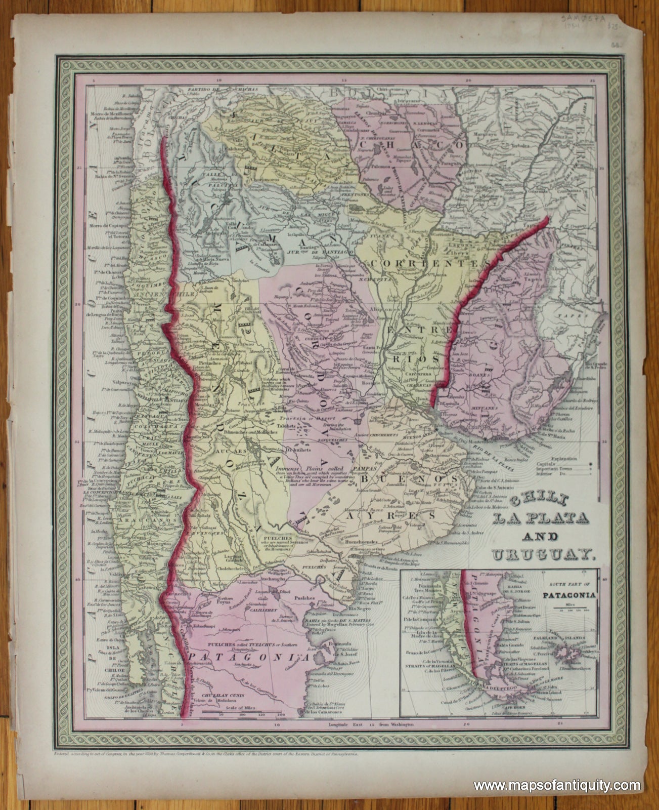 Antique-Hand-Colored-Map-Chili-La-Plata-and-Uruguay.-South-America--1854-Mitchell/Cowperthwait-Desilver-&-Butler-Maps-Of-Antiquity