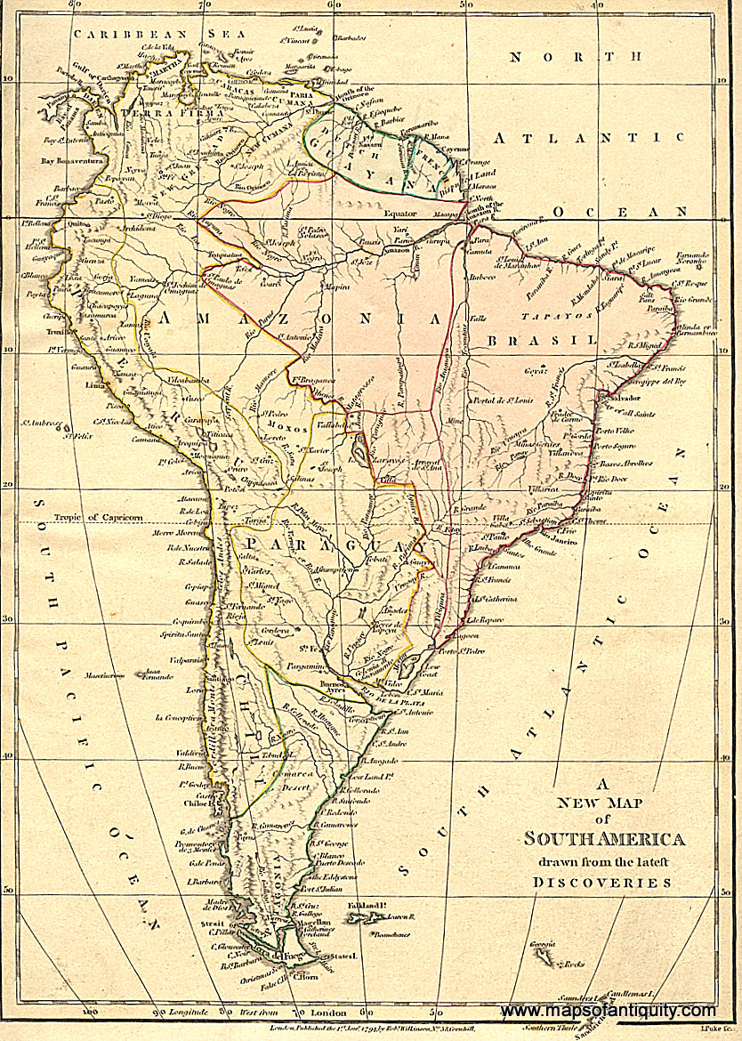 Antique-Hand-Colored-Map-A-New-Map-of-South-America-drawn-from-the-latest-Discoveries.-June-1st-1794.-South-America--1803-Wilkinson-Maps-Of-Antiquity