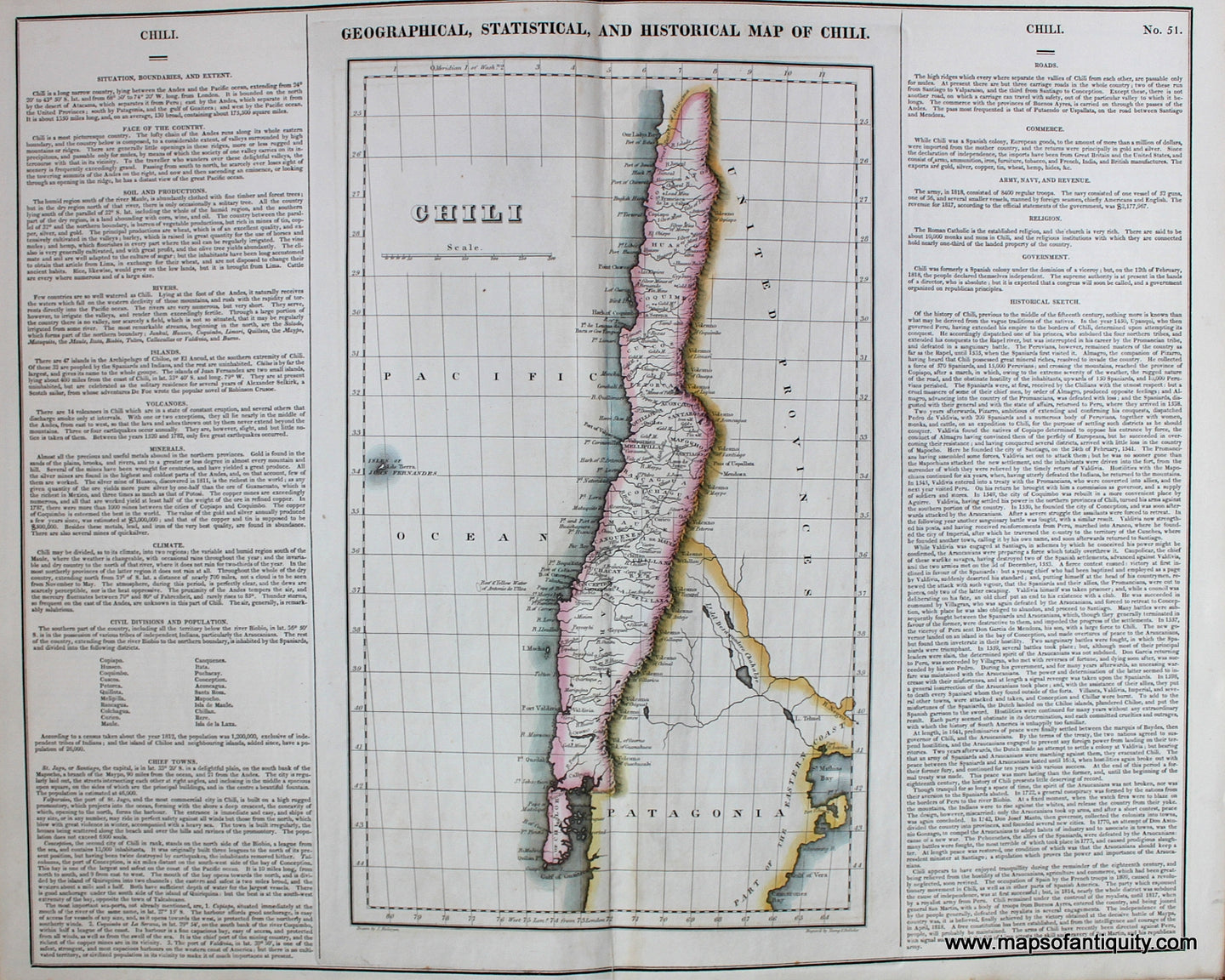 Antique-Hand-Colored-Map-Geographical-Statistical-and-Historical-Map-of-Chili.-No.-51.-South-America--1822-Carey-&-Lea-Maps-Of-Antiquity