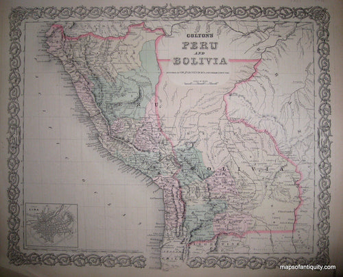 Antique-Hand-Colored-Map-Colton's-Peru-and-Bolivia-South-America--c.-1860-Colton-Maps-Of-Antiquity