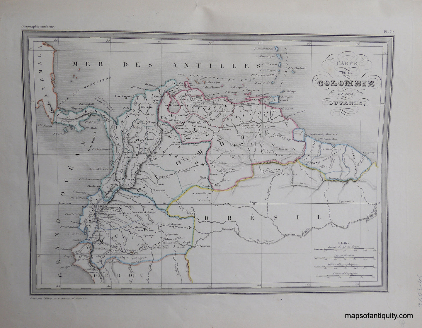 Antique-Hand-Colored-Map-Carte-du-la-Colombie-et-des-Guyanes.-South-America--1842-Malte-Brun-Maps-Of-Antiquity