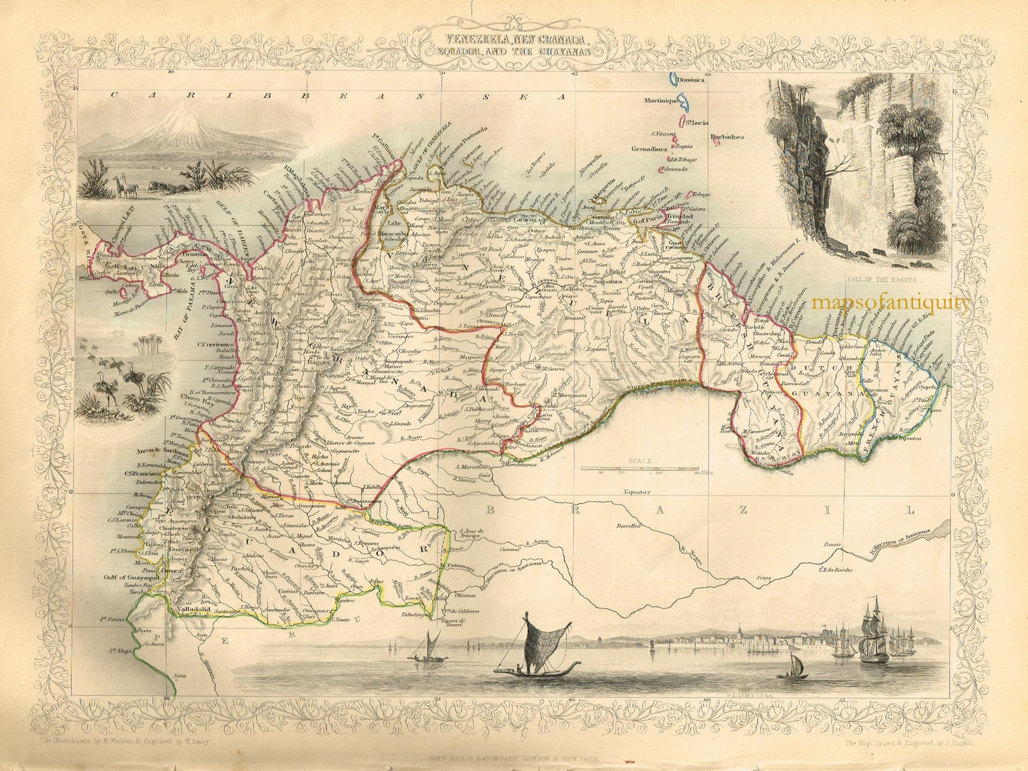 Antique-Hand-Colored-Map-Venezuela-New-Granada-Equador-and-the-Guayanas-Latin-America-South-America-1851-Tallis-Maps-Of-Antiquity