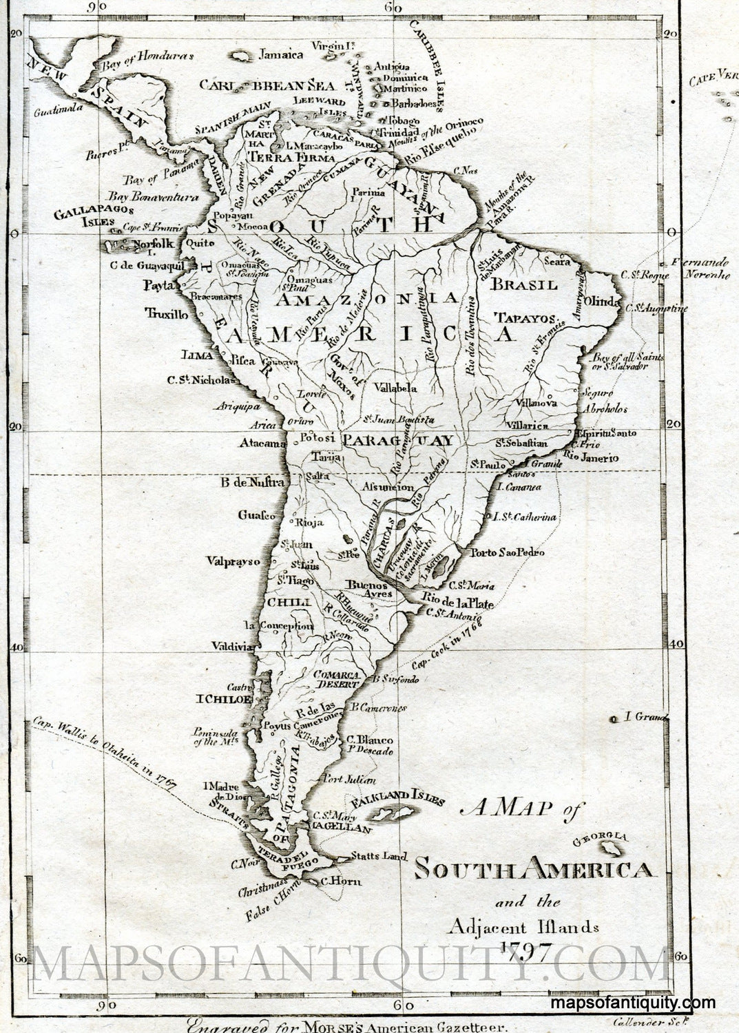Black-and-white-antique-map-A-Map-of-South-America-and-the-Adjacent-Islands-1797-South-America-South-America-General-c.-1797-Morse-Maps-Of-Antiquity