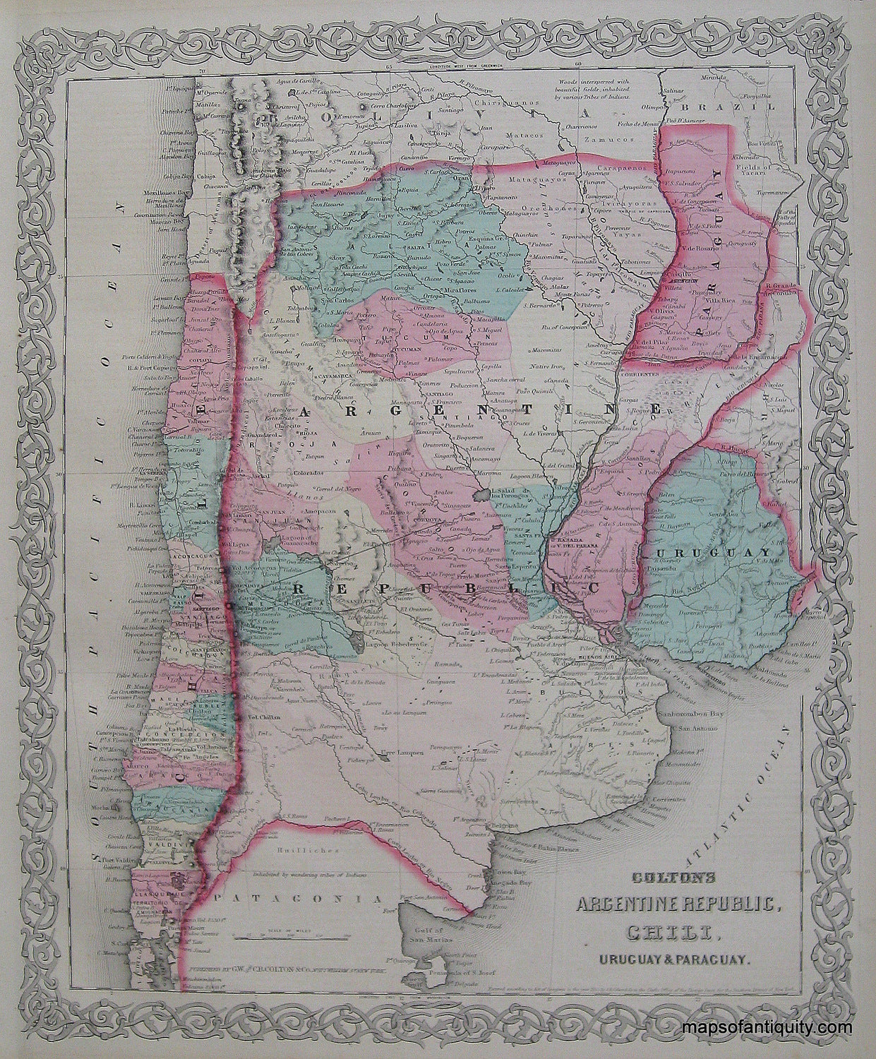 Antique-Hand-Colored-Map-Colton's-Argentine-Republic-Chili-Uruguay-and-Paraguay-South-America--1871-Colton-Maps-Of-Antiquity