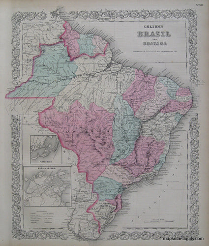 Antique-Hand-Colored-Map-Colton's-Brazil-and-Guayana-South-America--1876-Colton-Maps-Of-Antiquity