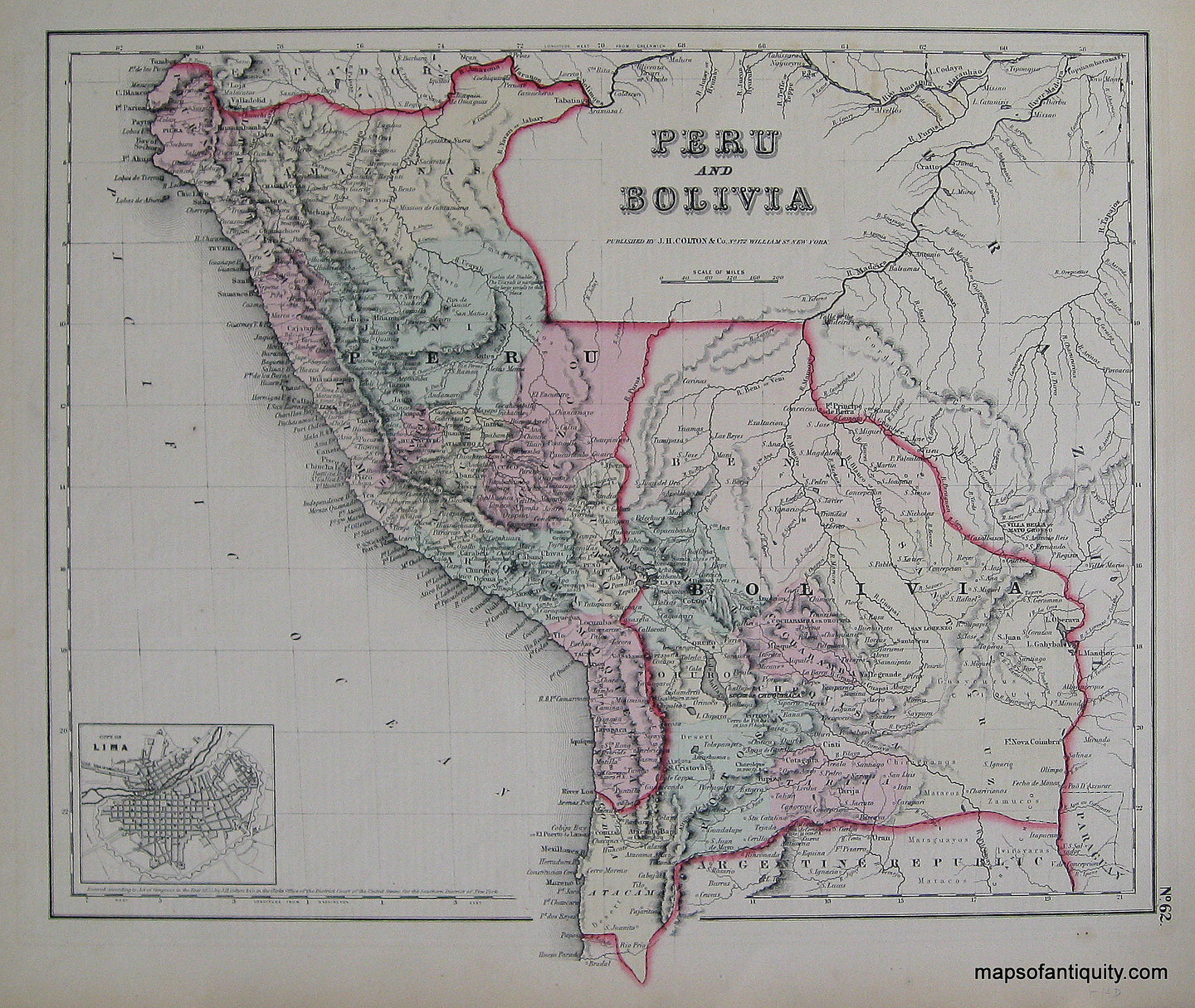 Antique-Hand-Colored-Map-Peru-and-Bolivia-South-America--1857-Colton-Maps-Of-Antiquity