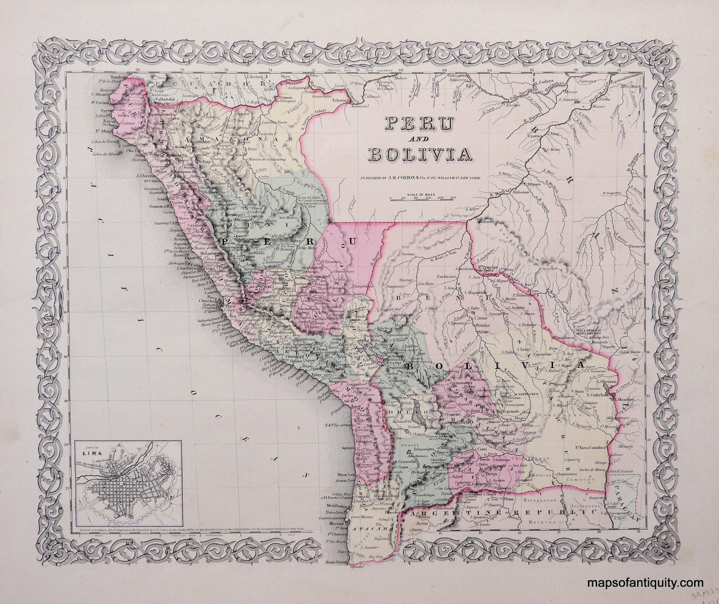 Antique-Hand-Colored-Map-Peru-and-Bolivia-South-America--1856-Colton-Maps-Of-Antiquity