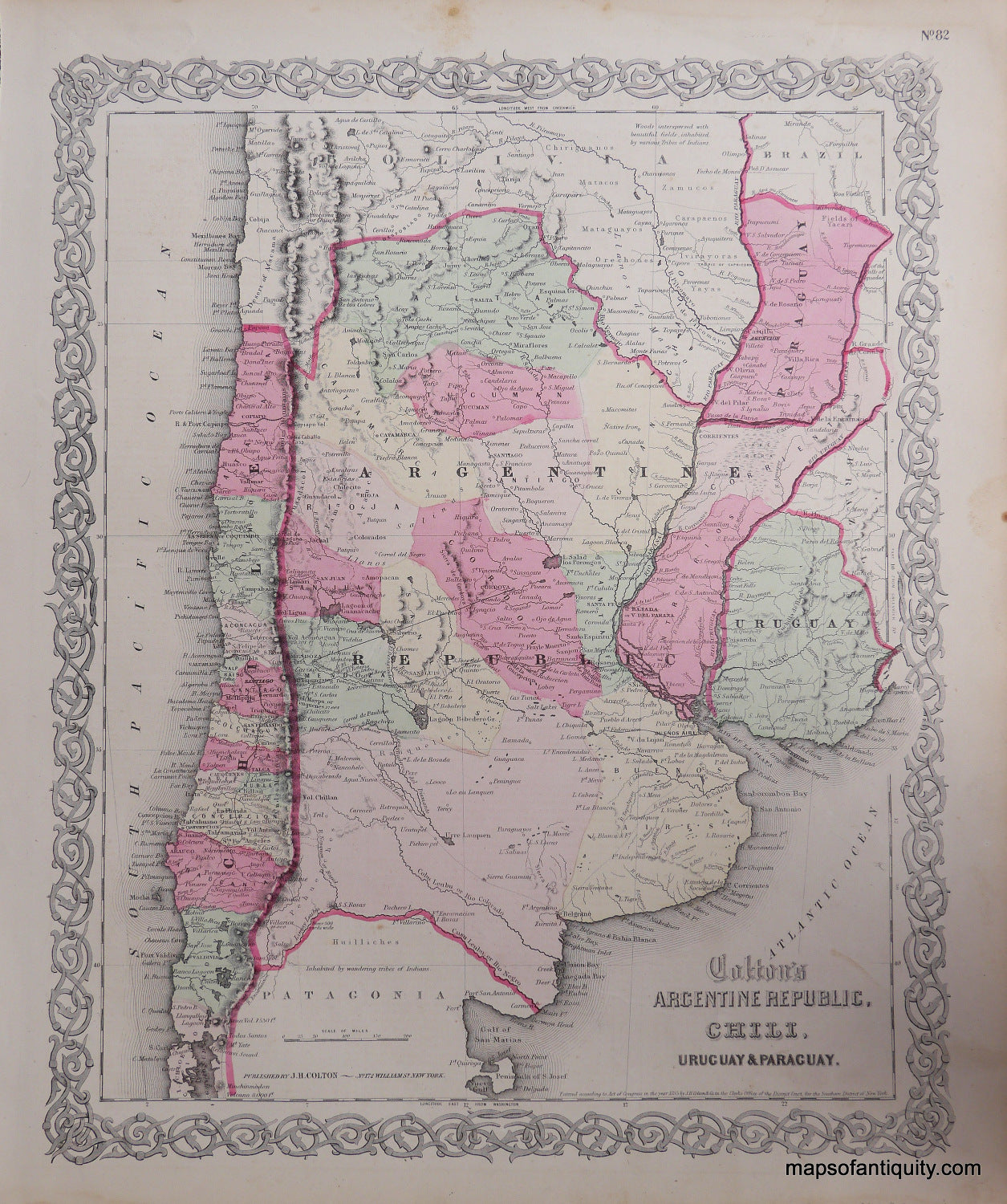 Antique-Hand-Colored-Map-Colton's-Argentine-Republic-Chile-Uruguay-and-Paraguay-South-America--1865-Colton-Maps-Of-Antiquity
