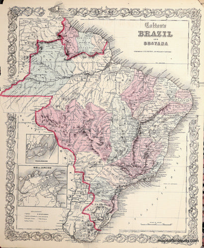 Antique-Hand-Colored-Map-Colton's-Brazil-and-Guayana-South-America--1865-Colton-Maps-Of-Antiquity