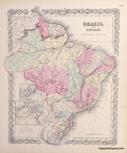 Antique-Hand-Colored-Map-Colton's-Brazil-and-Guayana-South-America--1871-Colton-Maps-Of-Antiquity