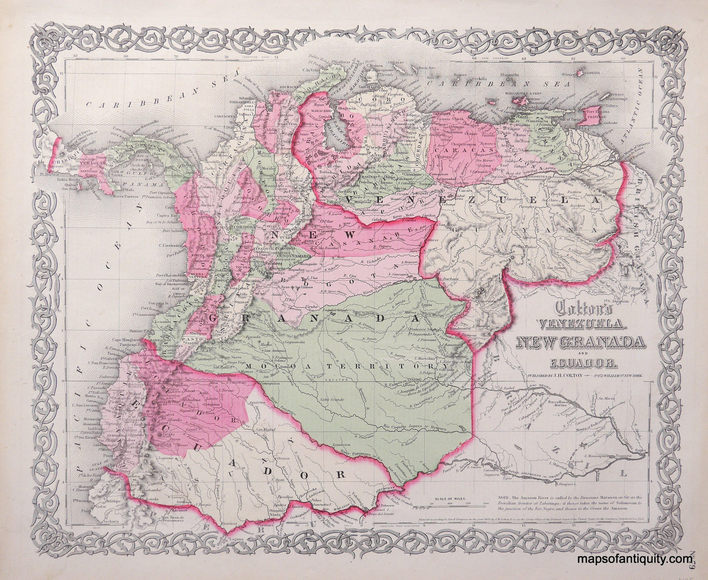 Antique-Hand-Colored-Map-Colton's-Venezuela-United-States-of-Colombia-and-Ecuador.-South-America--1865-Colton-Maps-Of-Antiquity