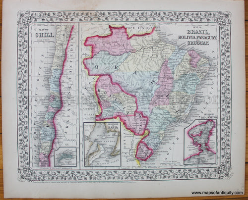 Map-of-Brazil-Bolivia-Paraguay-Uruguay-and-Chili.-Antique-Mitchell-1868-1860s-1800s-19th-century