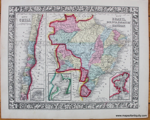 Map-of-Brazil-Bolivia-Paraguay-Uruguay-and-Chili.-Antique-Mitchell-1868-1860s-1800s-19th-century