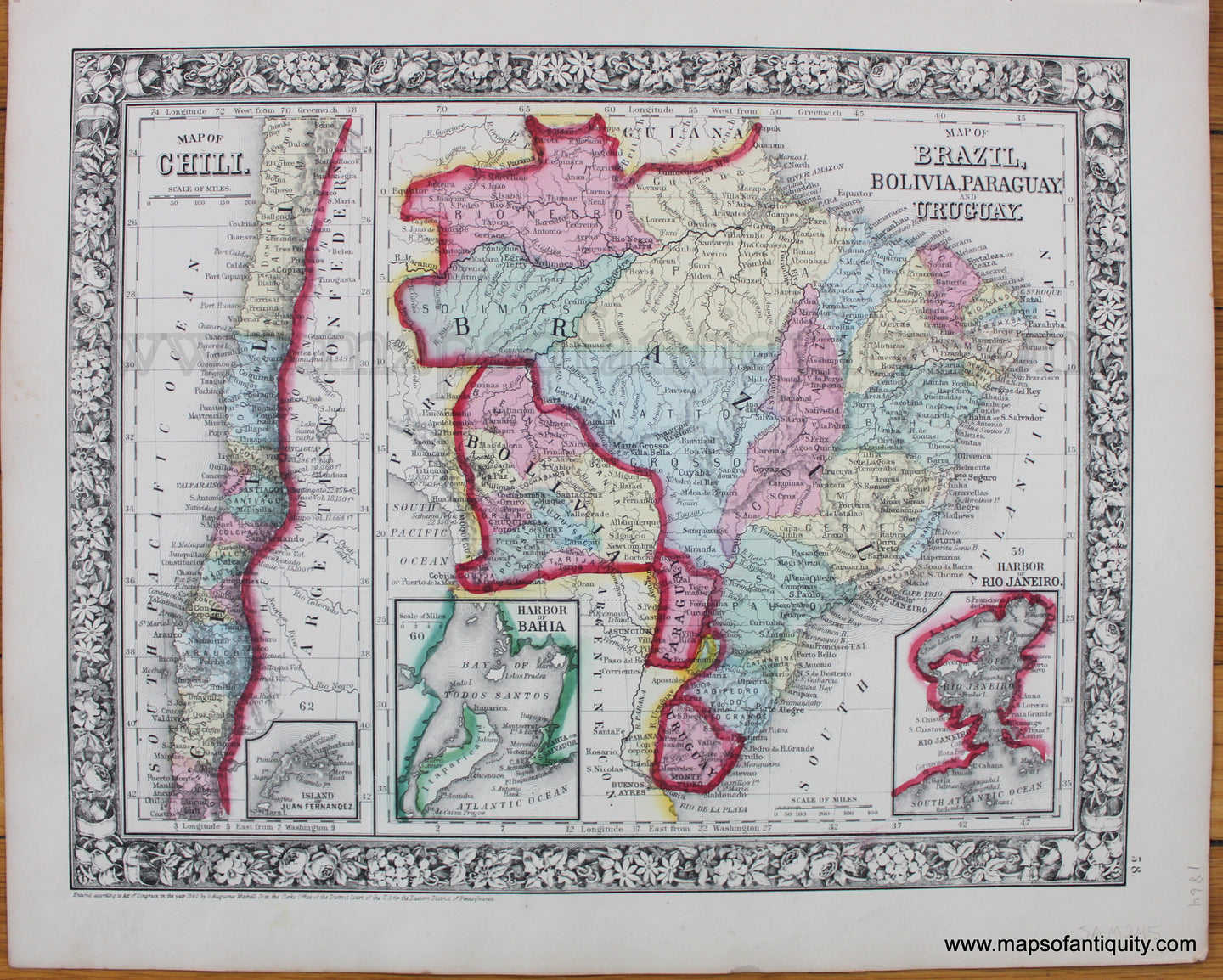 Map-of-Brazil-Bolivia-Paraguay-Uruguay-and-Chili.-Antique-Mitchell-1868-1860s-1800s-19th-century