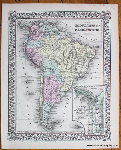 Antique-Hand-Colored-Map-Map-of-South-America-Showing-its-Political-Divisions-with-inset-Map-Showing-the-Proposed-Atrato-Inter-Oceanic-Canal-Routes-for-Connecting-the-Atlantic-and-Pacific-Oceans.--South-America-South-America-General-1874-Mitchell-Maps-Of-Antiquity