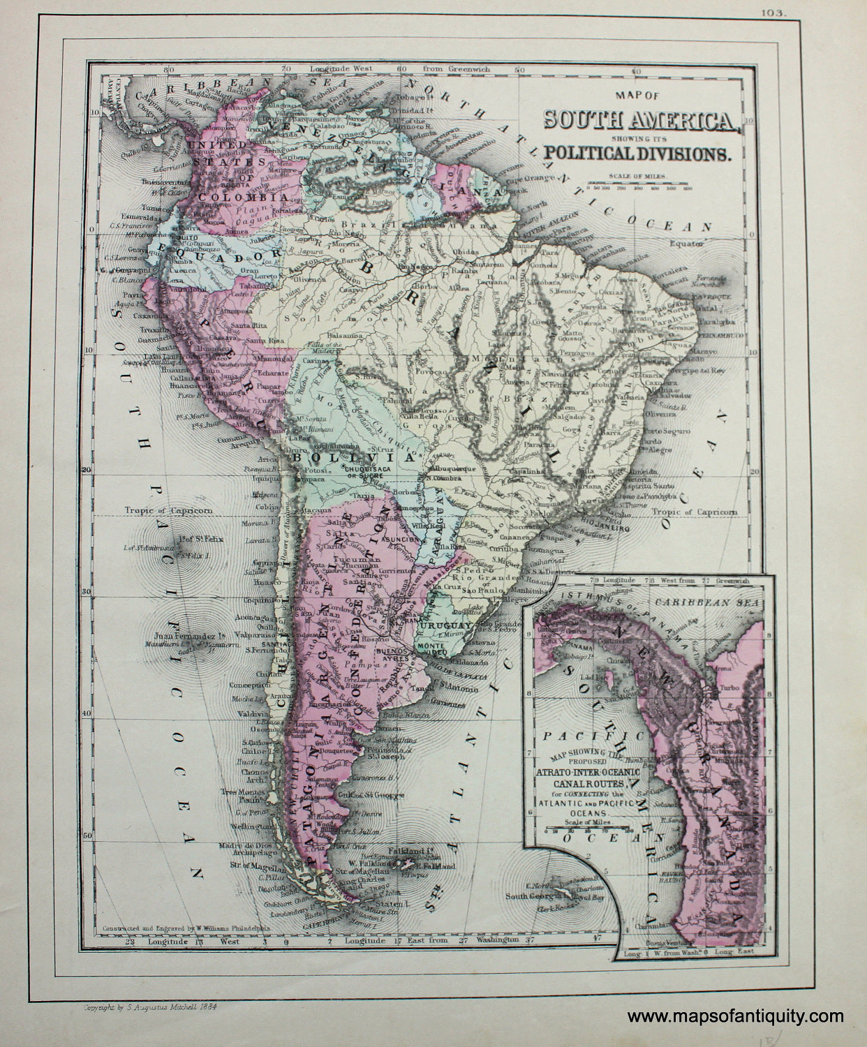 Antique-Hand-Colored-Map-Map-of-South-America-Showing-its-Political-Divisions-with-inset-Map-Showing-the-Proposed-Atrato-Inter-Oceanic-Canal-Routes-for-Connecting-the-Atlantic-and-Pacific-Oceans.--South-America-South-America-General-1885-Mitchell-Maps-Of-Antiquity