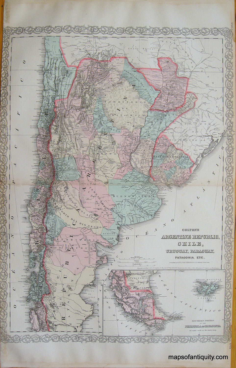 Antique-Hand-Colored-Map-Colton's-Argentine-Republic-Chile-Uruguay-Paraguay-Patagonia-**********-South-America--1887-Colton-Maps-Of-Antiquity