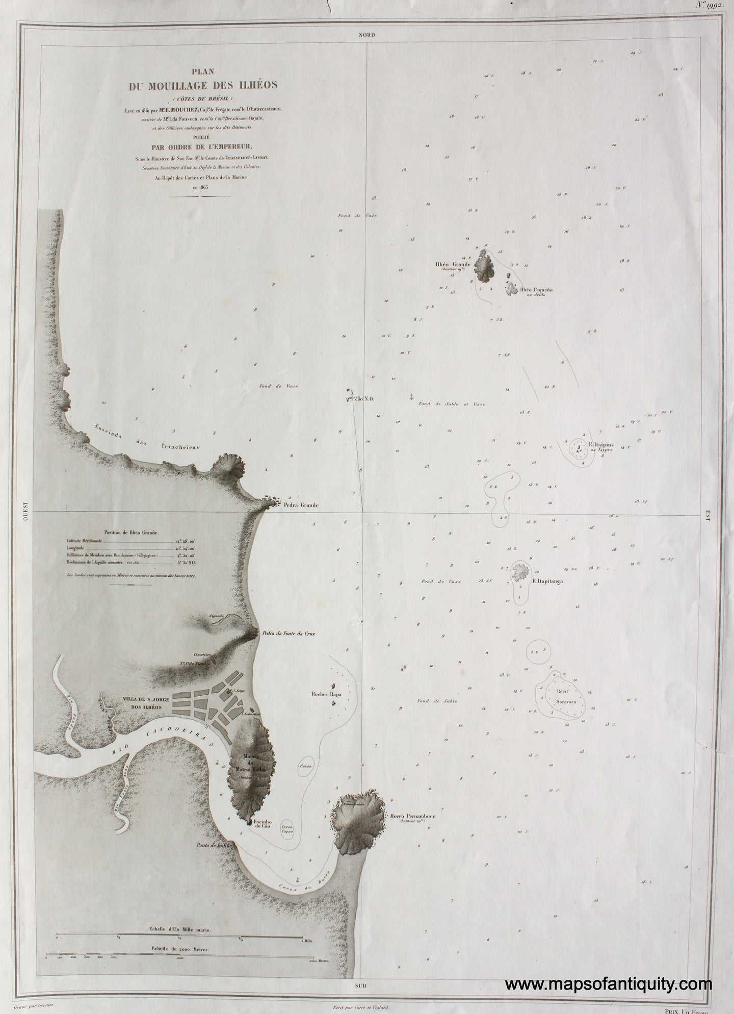 Antique-Black-and-White-Nautical-Chart-Plan-du-Mouillage-des-Ilheos-(Cotes-du-Bresil)-South-America-Brazil-1863-Depot-de-la-Marine-Maps-Of-Antiquity