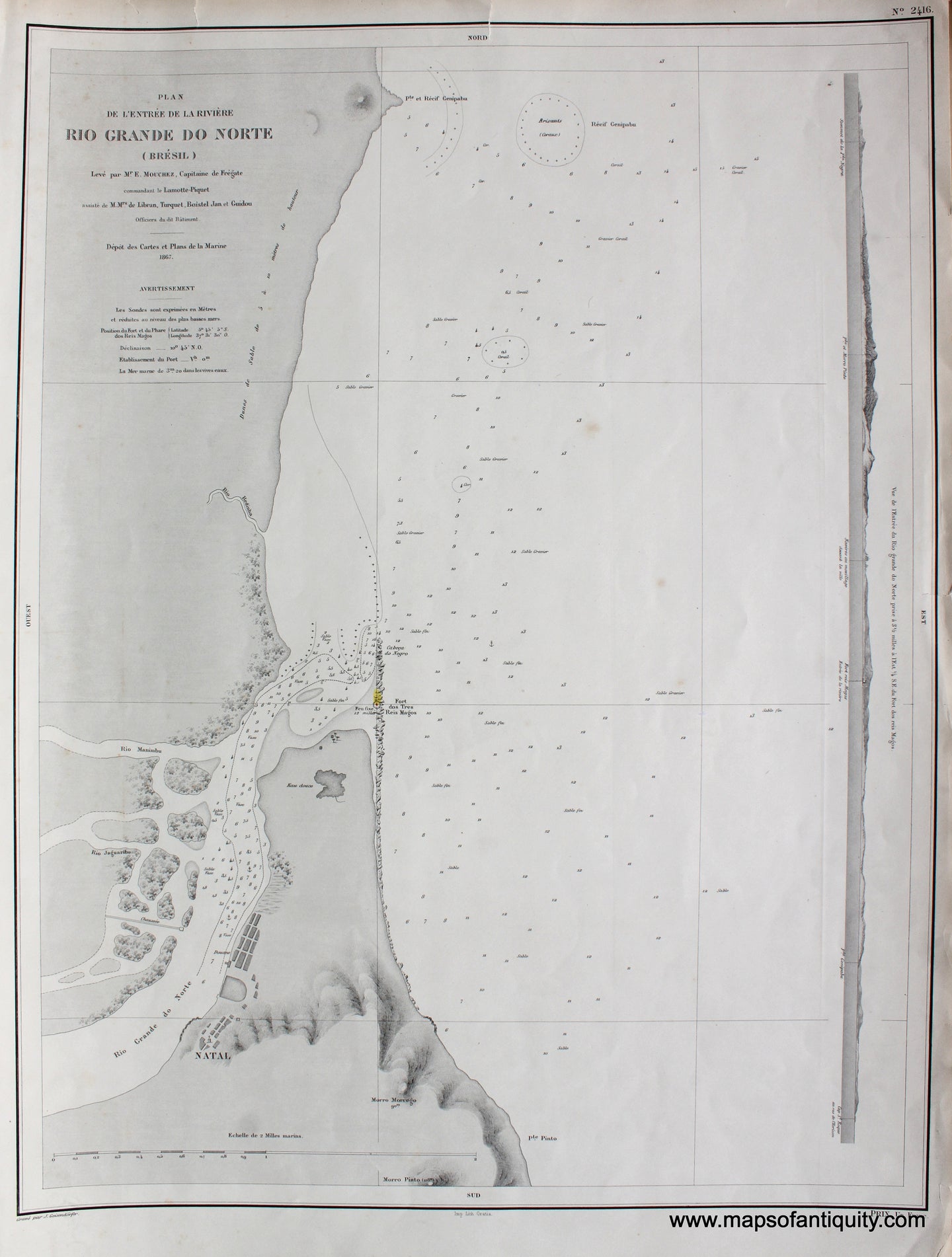 Antique-Black-and-White-Nautical-Chart-Plan-de-l'EntrÃƒÆ’Ã‚Â©e-de-la-Riviere-Rio-Grande-do-Norte-Brazil-South-America-Brazil-1867-Depot-de-la-Marine-Maps-Of-Antiquity