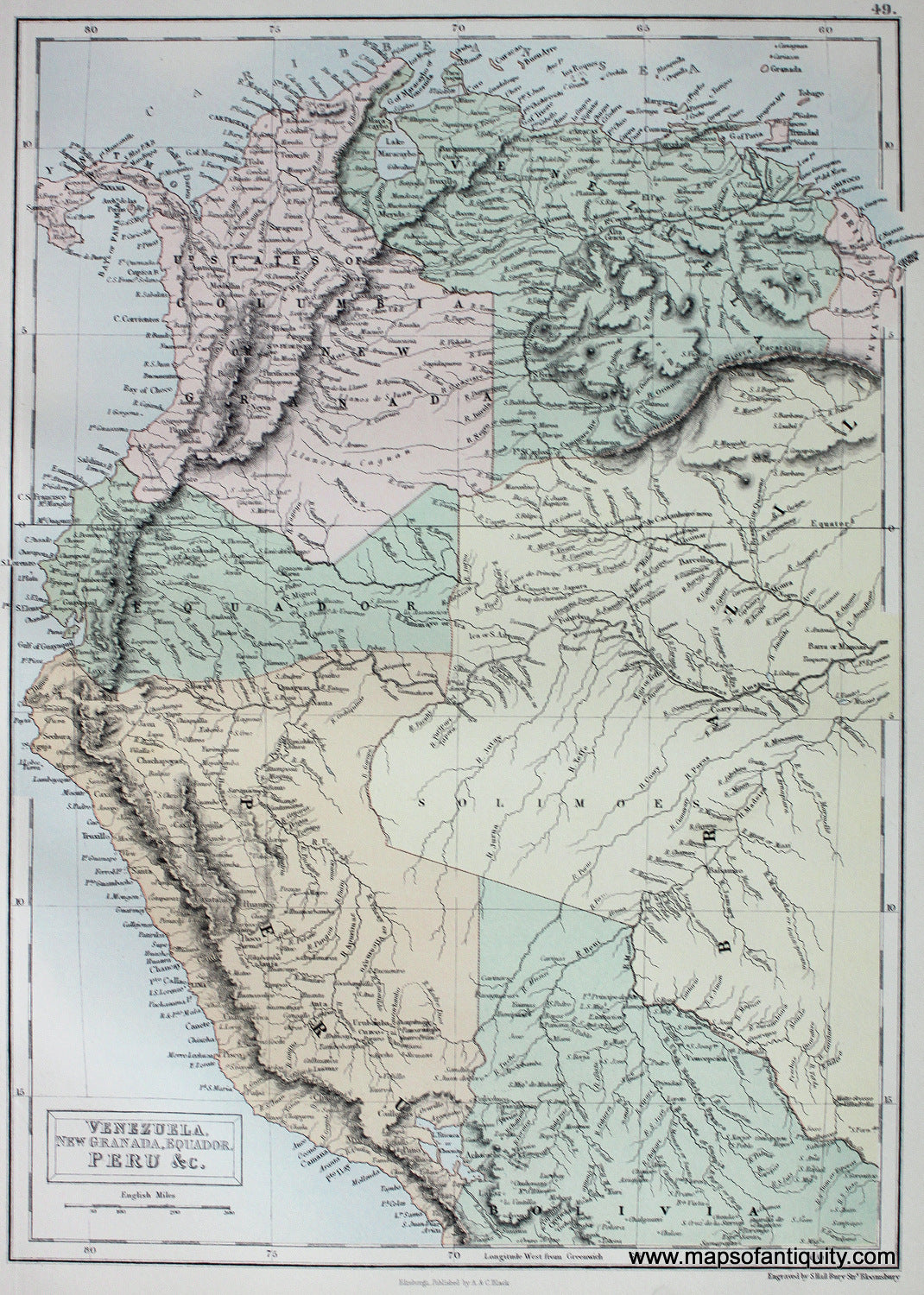 Antique-printed-color-Map-Venezuela-New-Granada-Equador-Peru-&c.-South-America--1879-Black-Maps-Of-Antiquity